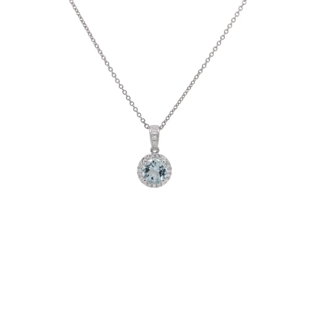 14k White Aquamarine & Diamond Pendant D.10tw 18"