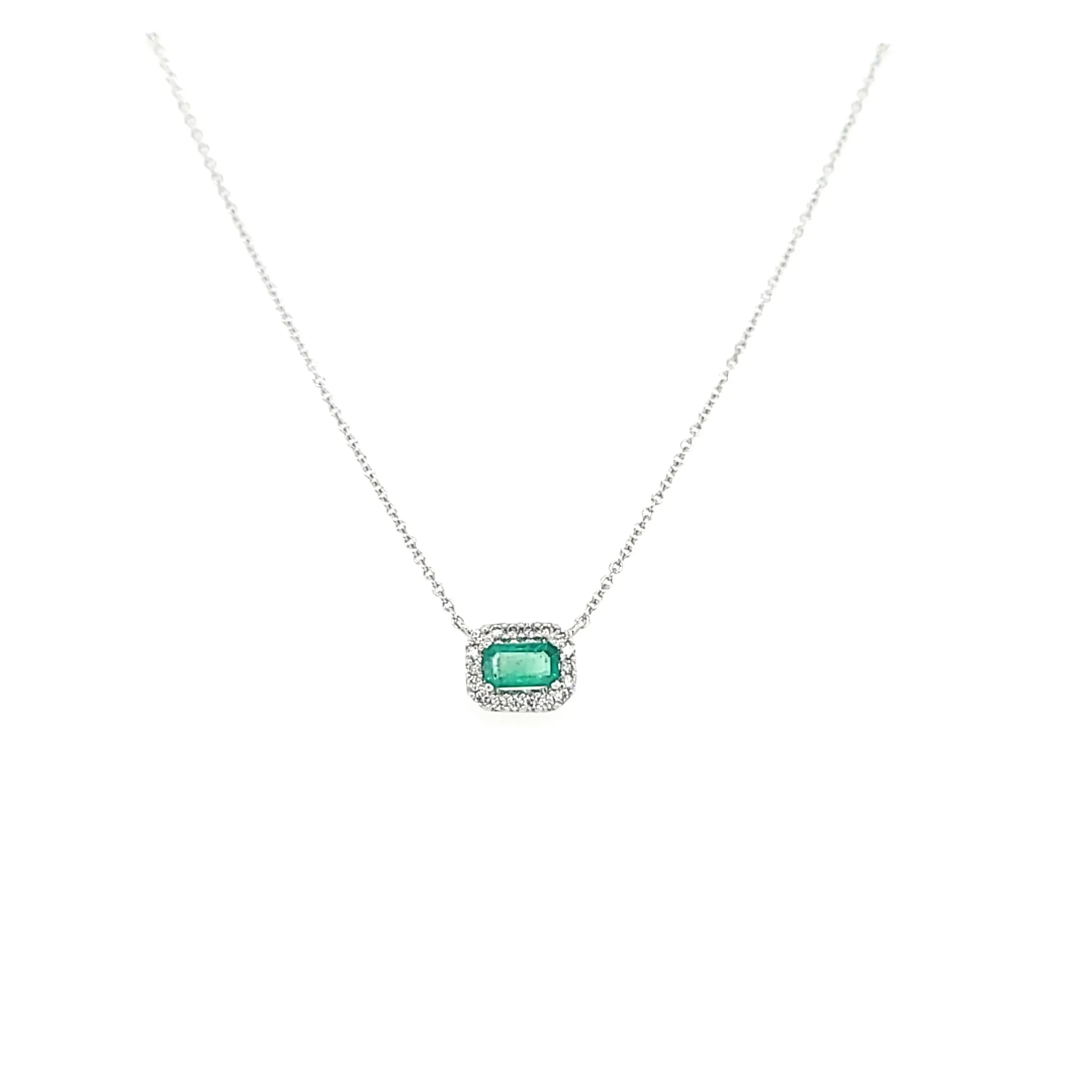 14k White Gold Emerald & Diamond Halo Necklace (I7624)