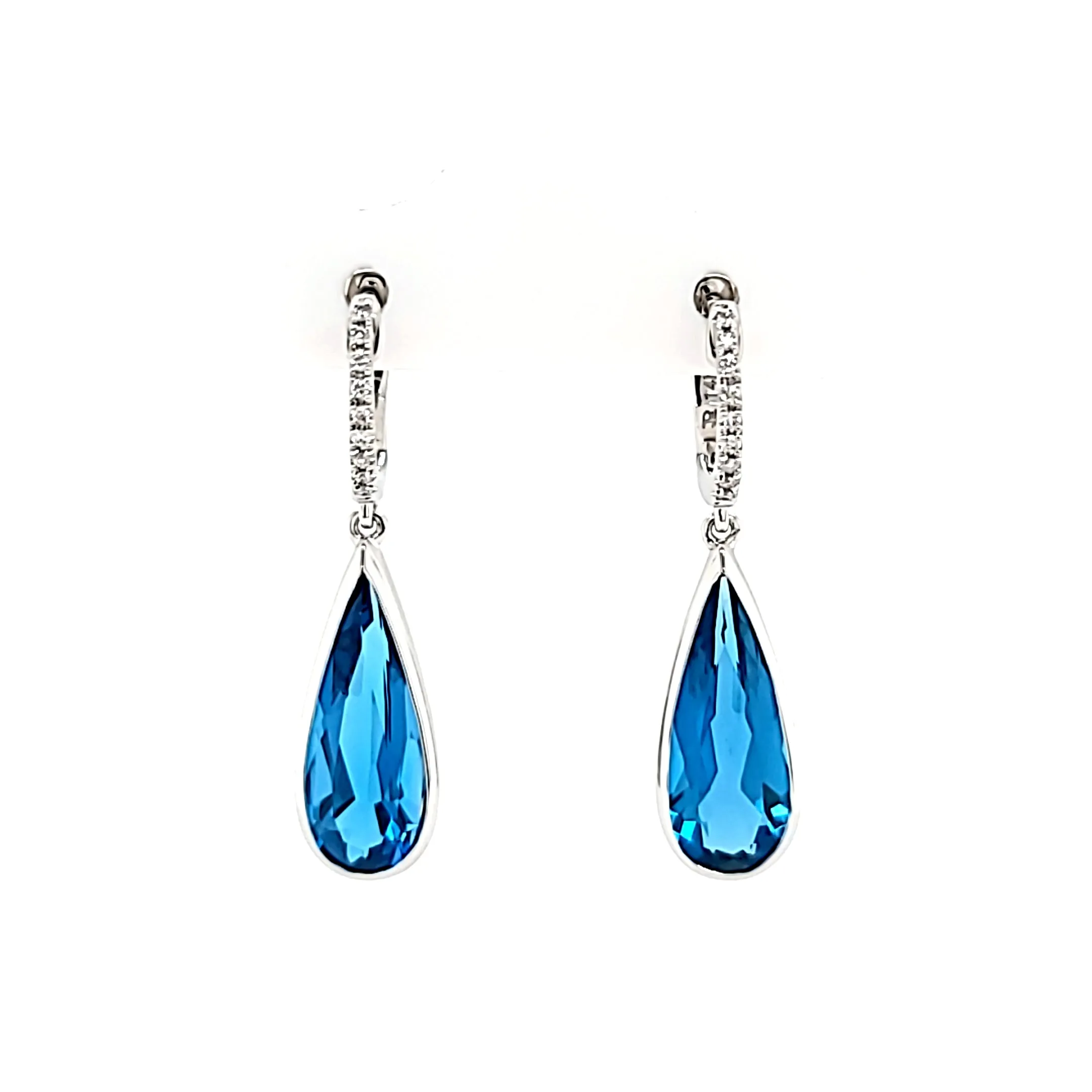 14k White Gold London Blue Topaz & Diamond Hoop Dangle Earrings (I8017)