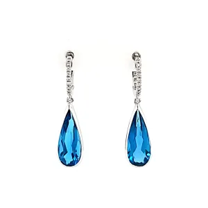 14k White Gold London Blue Topaz & Diamond Hoop Dangle Earrings (I8017)