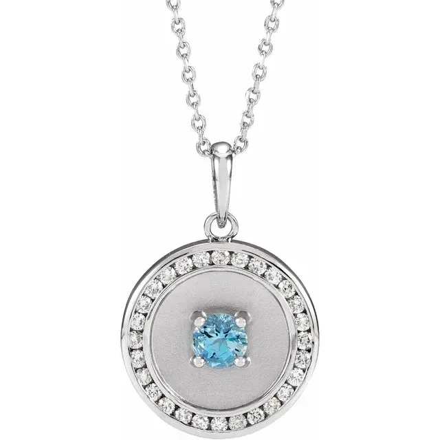 14K White Gold Natural Aquamarine & 1/4 CTW Natural Diamond Disc 16-18" Necklace