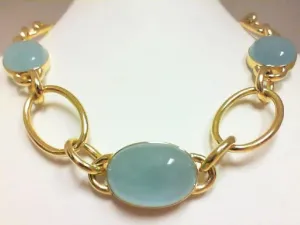 14K Yellow Cabochon Aquamarine Necklace 17 inch