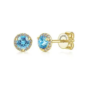 14K Yellow Gold Diamond   Blue Topaz Stud Earrings