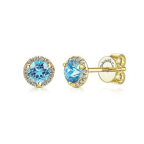 14K Yellow Gold Diamond   Blue Topaz Stud Earrings