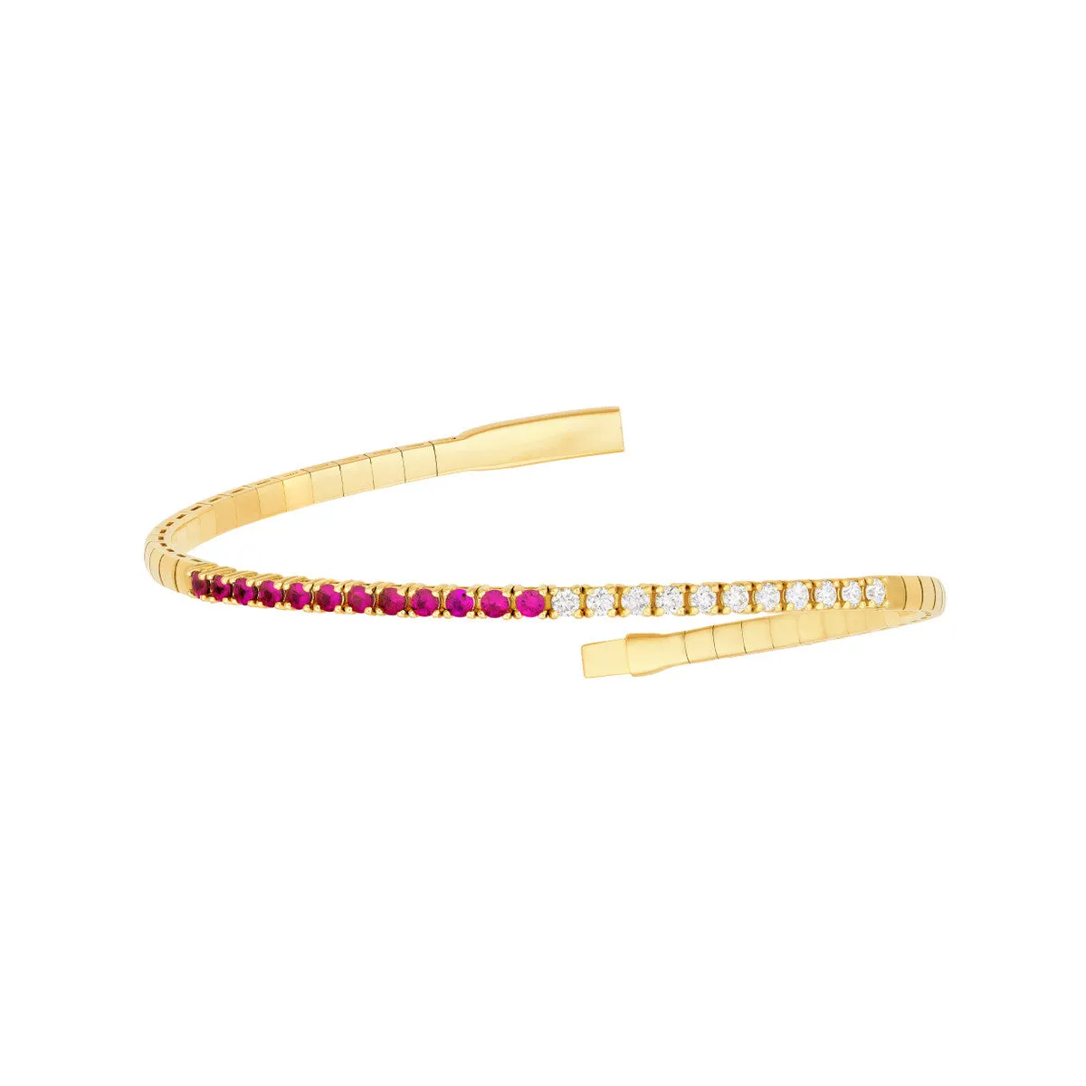 14K Yellow Gold Flexible Tennis Bangle with Diamonds and Rubies - 7-inch - by Dazyle