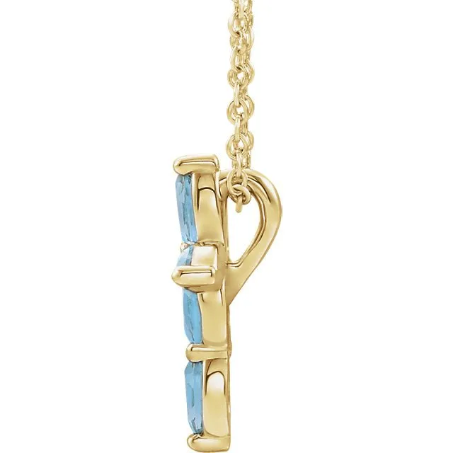 14KT GOLD .35 CTW MARQUISE AQUAMARINE PETITE CROSS NECKLACE