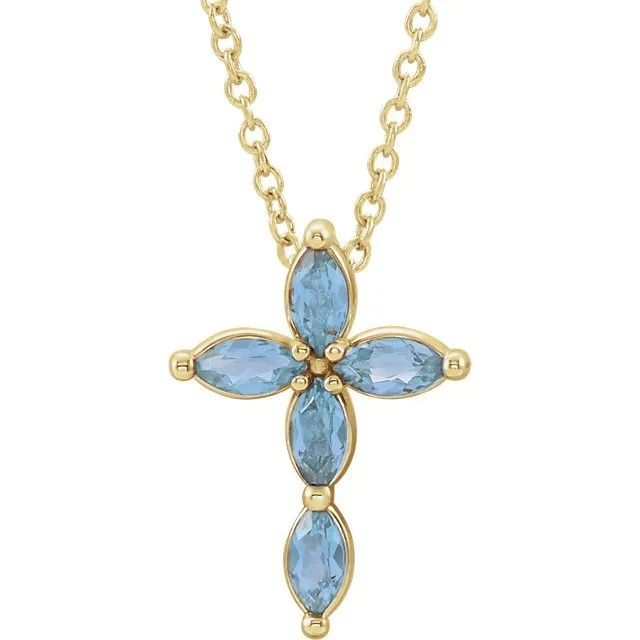 14KT GOLD .35 CTW MARQUISE AQUAMARINE PETITE CROSS NECKLACE