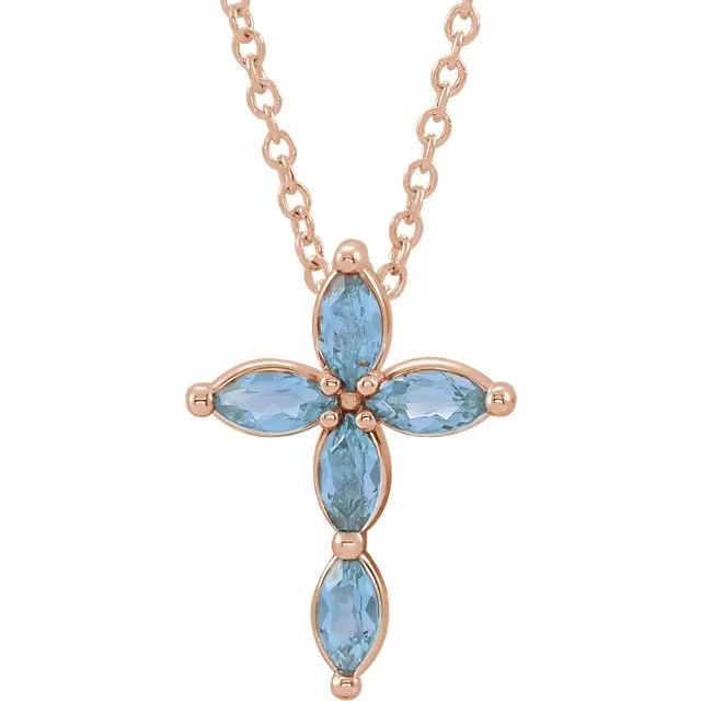 14KT GOLD .35 CTW MARQUISE AQUAMARINE PETITE CROSS NECKLACE