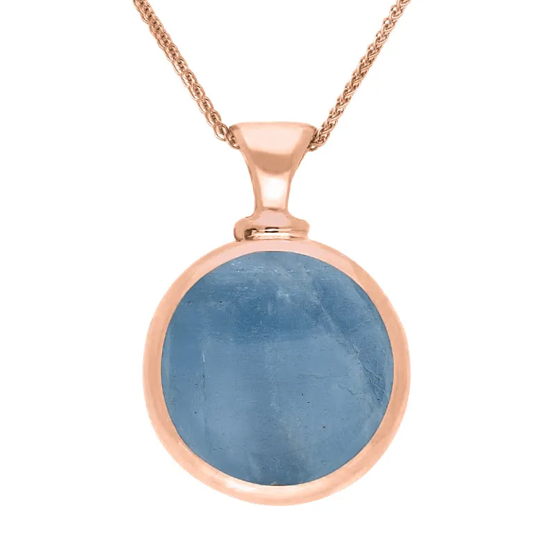 18ct Rose Gold Whitby Jet Aquamarine Double Sided Round Dinky Fob Necklace