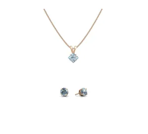18K Rose Gold 1ct Aquamarine Square 18 Inch Necklace and Round Earrings Set Plated