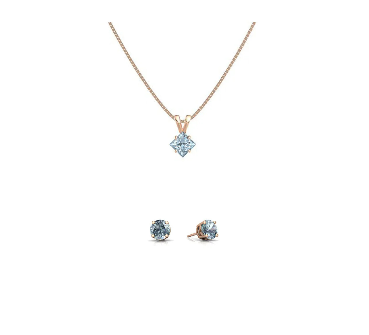 18K Rose Gold 1ct Aquamarine Square 18 Inch Necklace and Round Earrings Set Plated