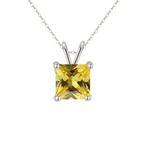 18K White Gold 1/2 Carat Created Citrine Princess Stud Necklace Plated 18 inch