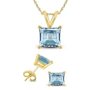 18K Yellow Gold 4ct Aquamarine Square 18 Inch Necklace and Earrings Set Plated