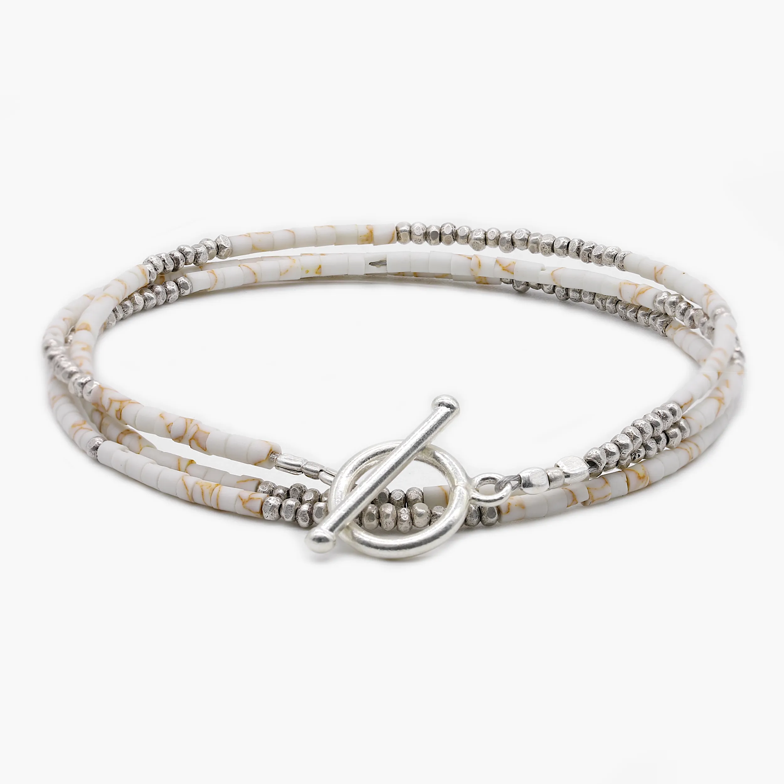 3 Laps Bracelet With Afghani And Sterling Silver Beads