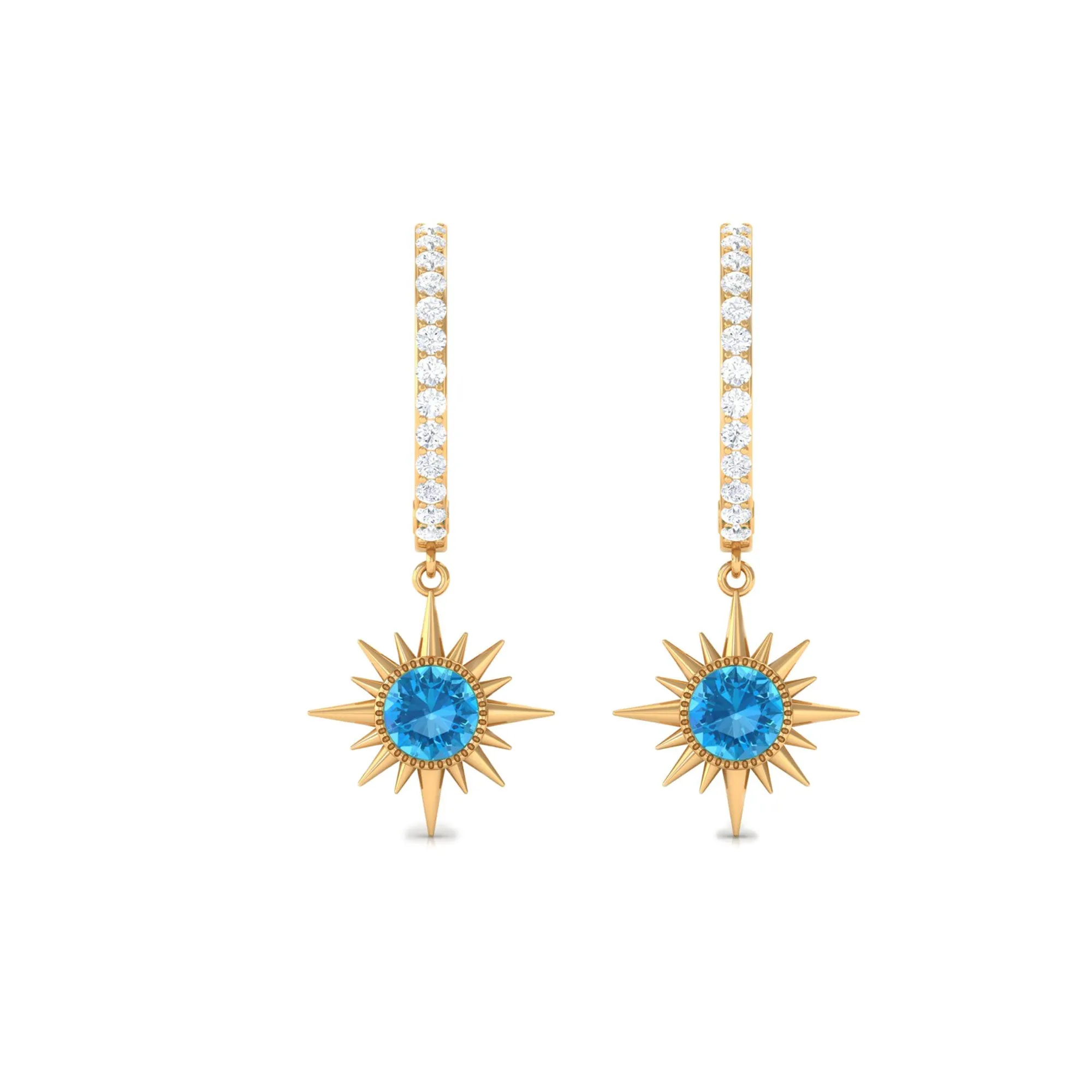 3/4 CT Swiss Blue Topaz and Diamond Sunburst Hoop Earrings