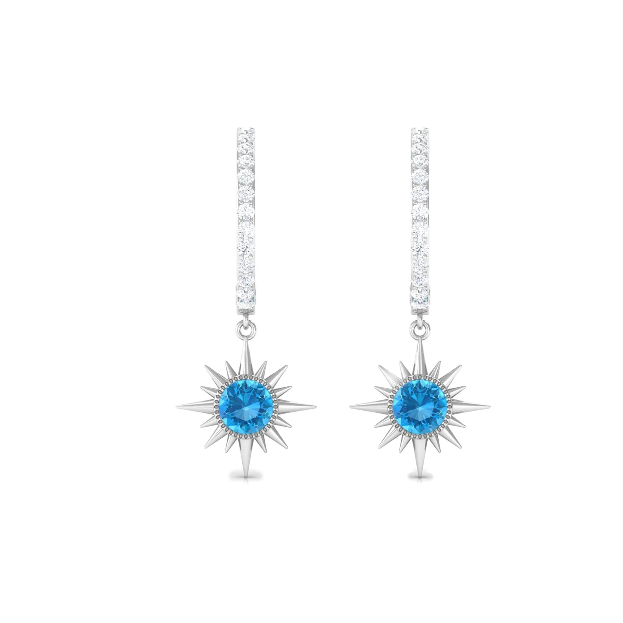 3/4 CT Swiss Blue Topaz and Diamond Sunburst Hoop Earrings