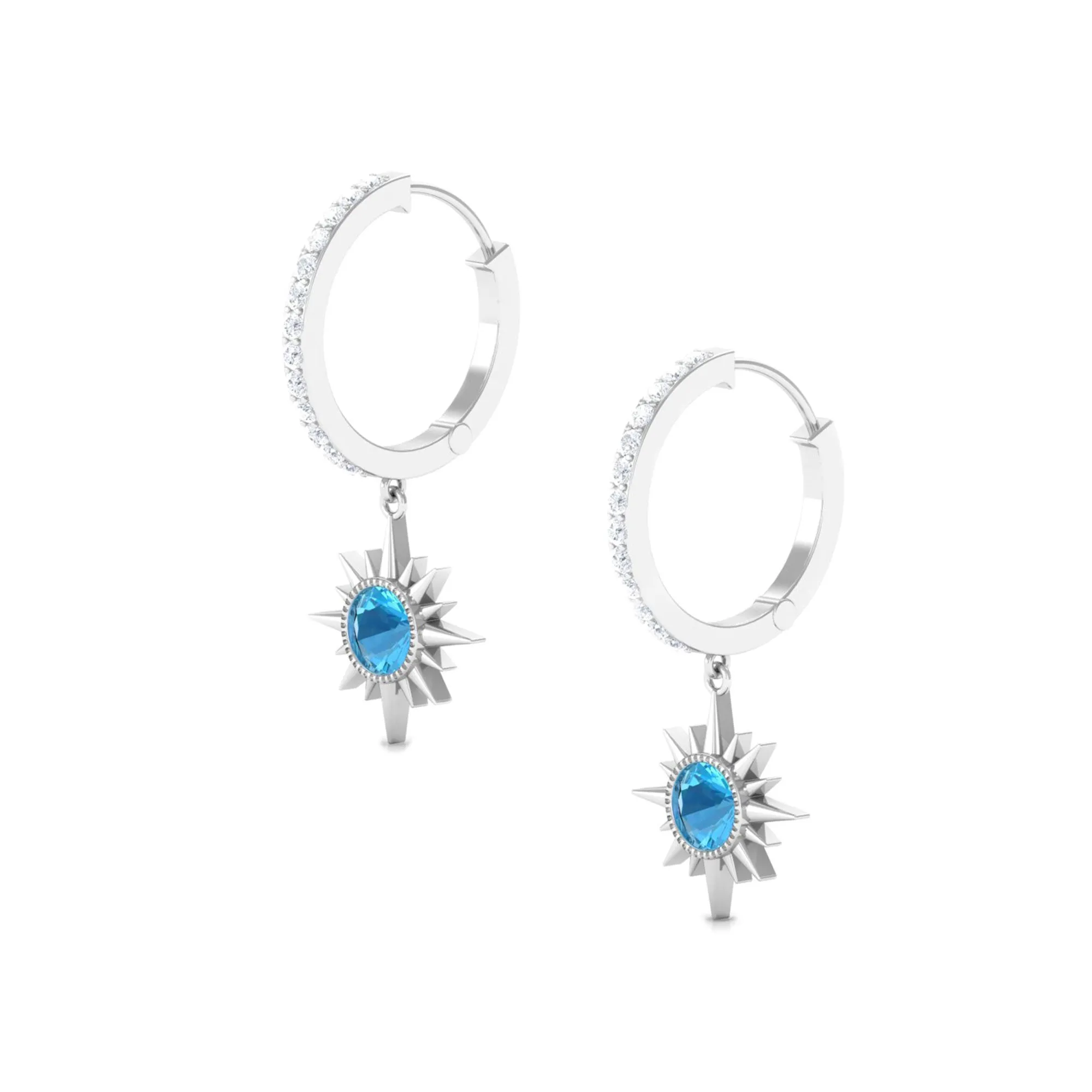 3/4 CT Swiss Blue Topaz and Diamond Sunburst Hoop Earrings