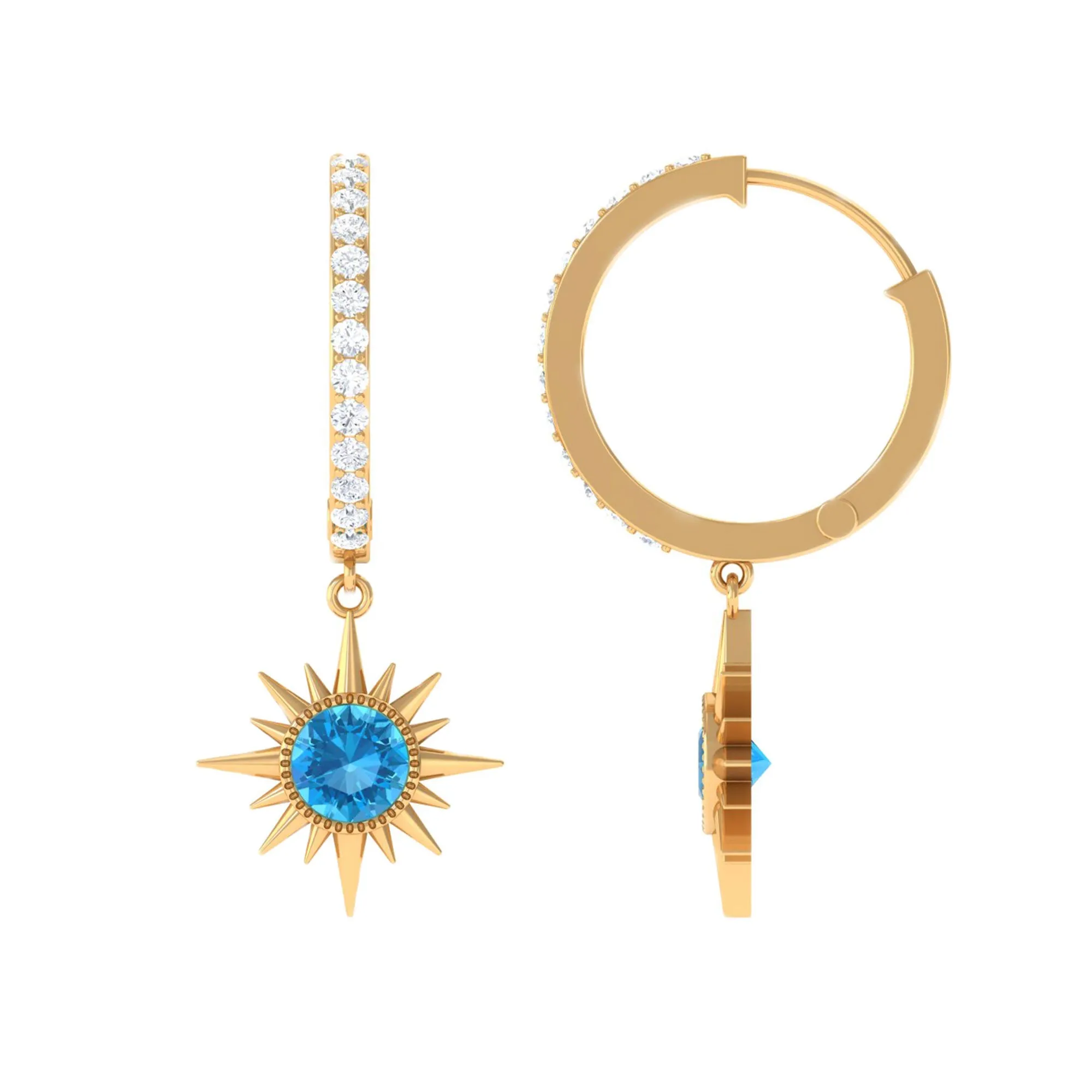 3/4 CT Swiss Blue Topaz and Diamond Sunburst Hoop Earrings