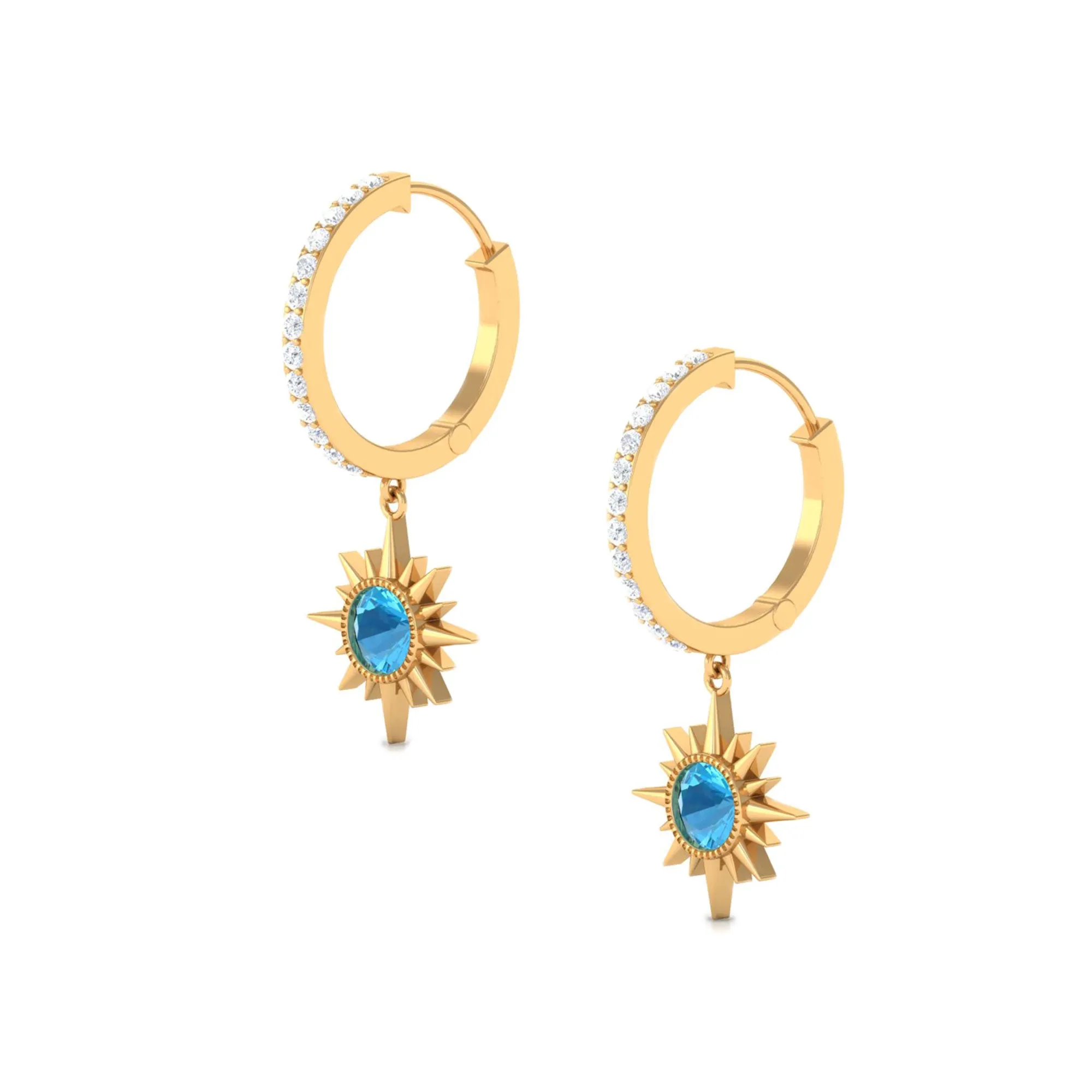 3/4 CT Swiss Blue Topaz and Diamond Sunburst Hoop Earrings
