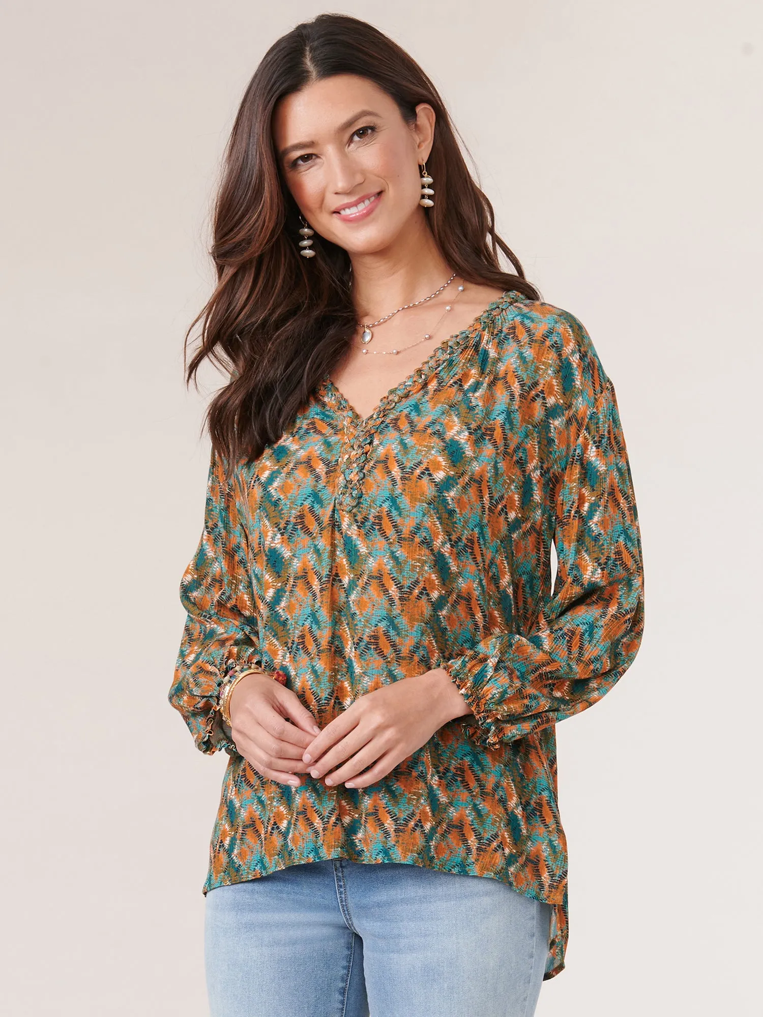 3/4 Sleeve Braided Neck High Low Hem Printed Petite Woven Top