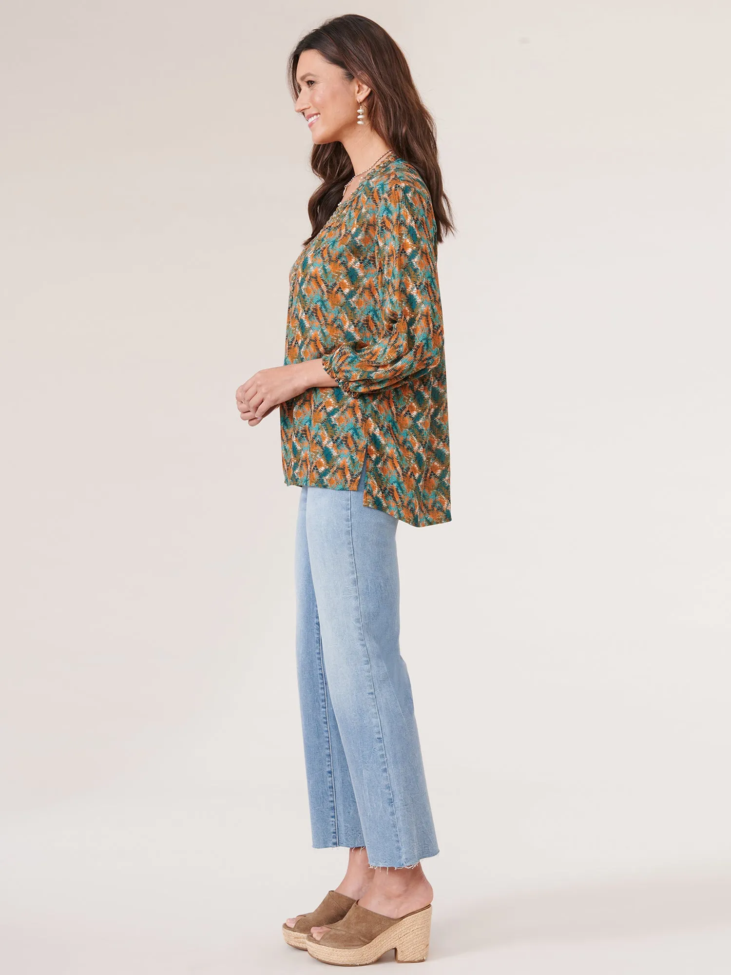 3/4 Sleeve Braided Neck High Low Hem Printed Petite Woven Top