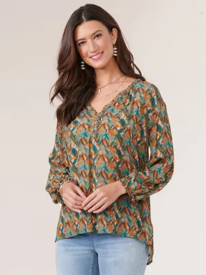 3/4 Sleeve Braided Neck High Low Hem Printed Petite Woven Top
