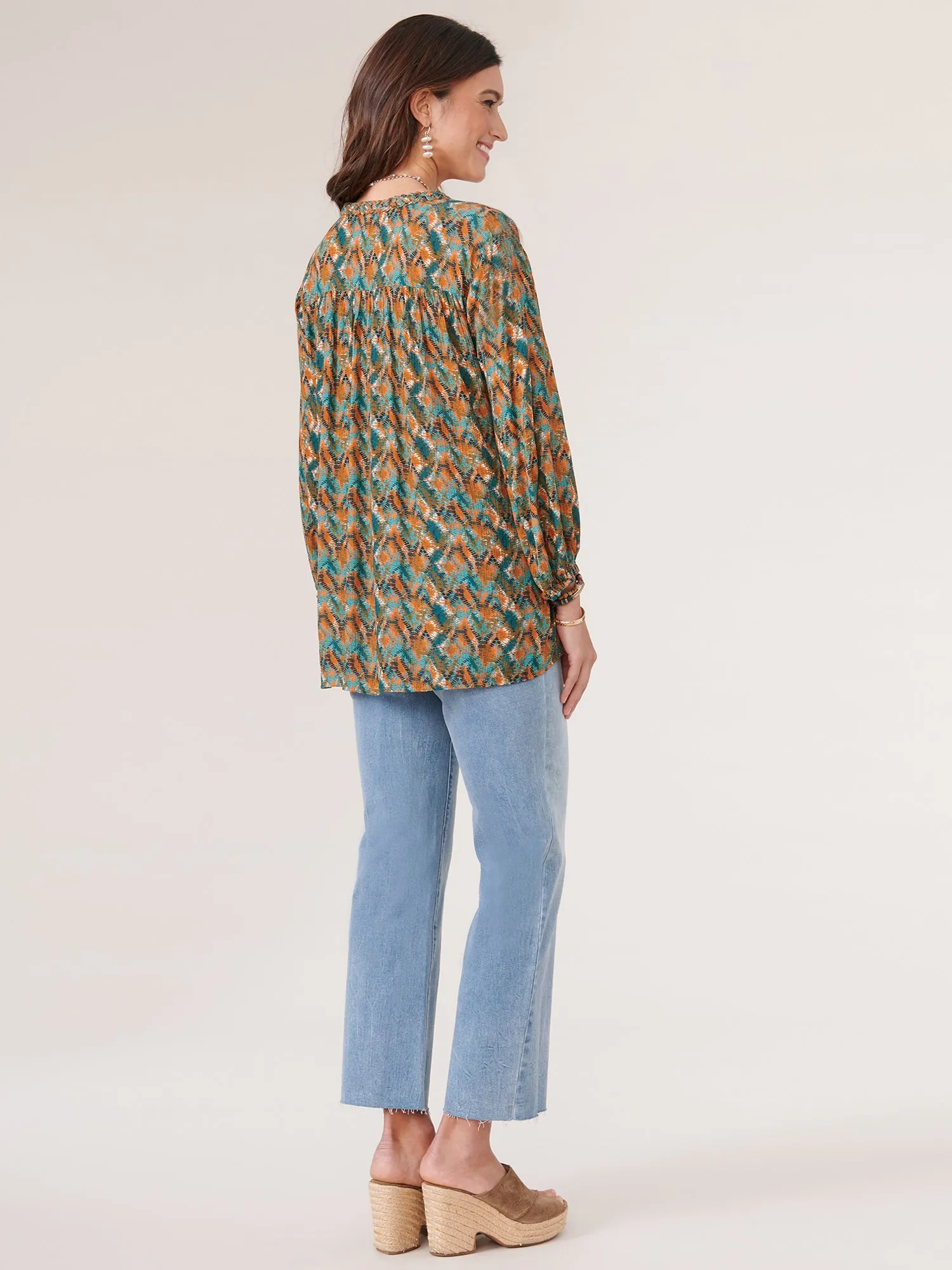 3/4 Sleeve Braided Neck High Low Hem Printed Petite Woven Top
