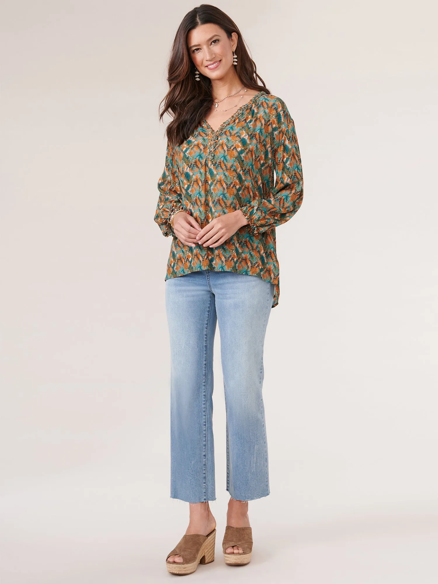 3/4 Sleeve Braided Neck High Low Hem Printed Petite Woven Top