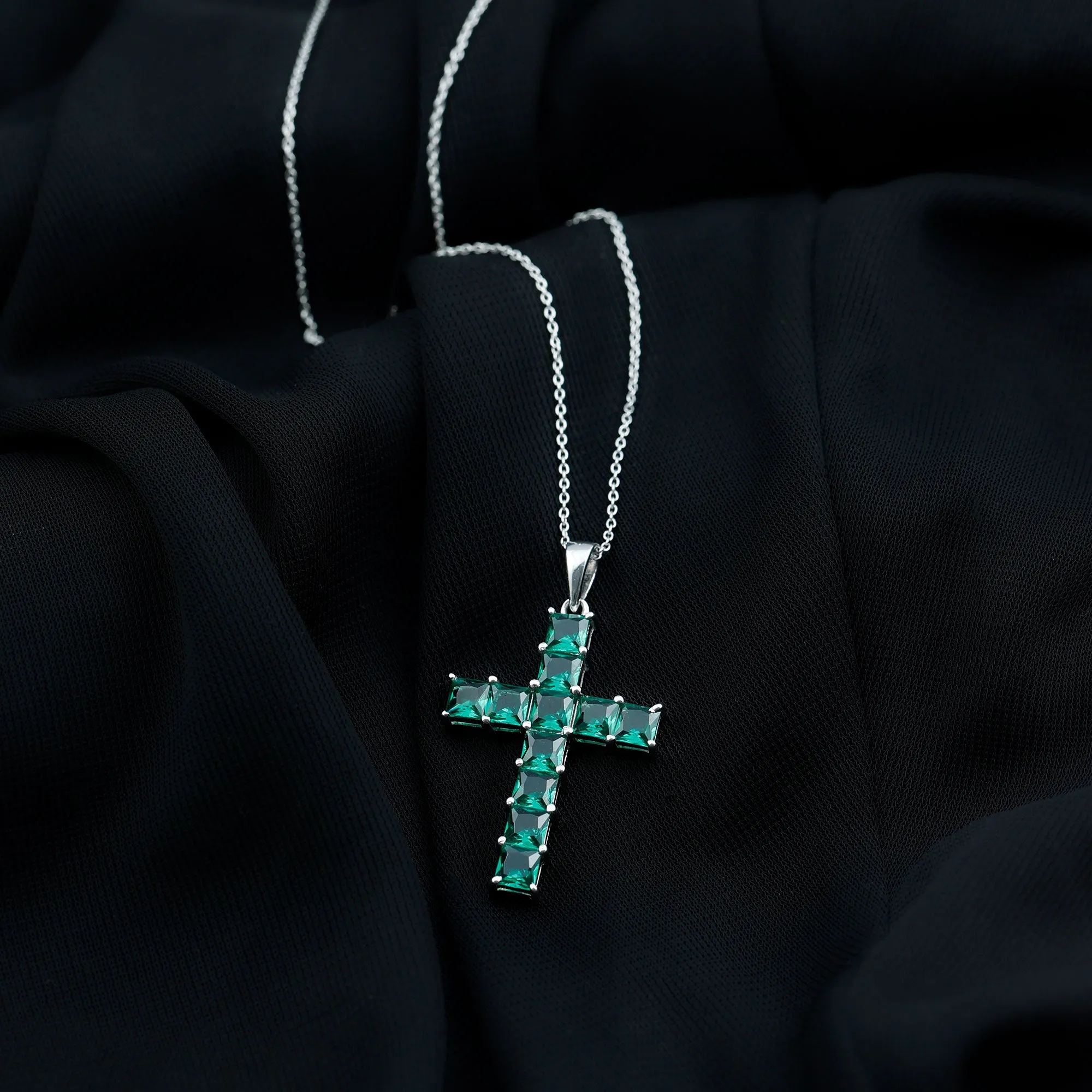 3.5 CT Lab Created Emerald Cross Pendant Necklace in Silver