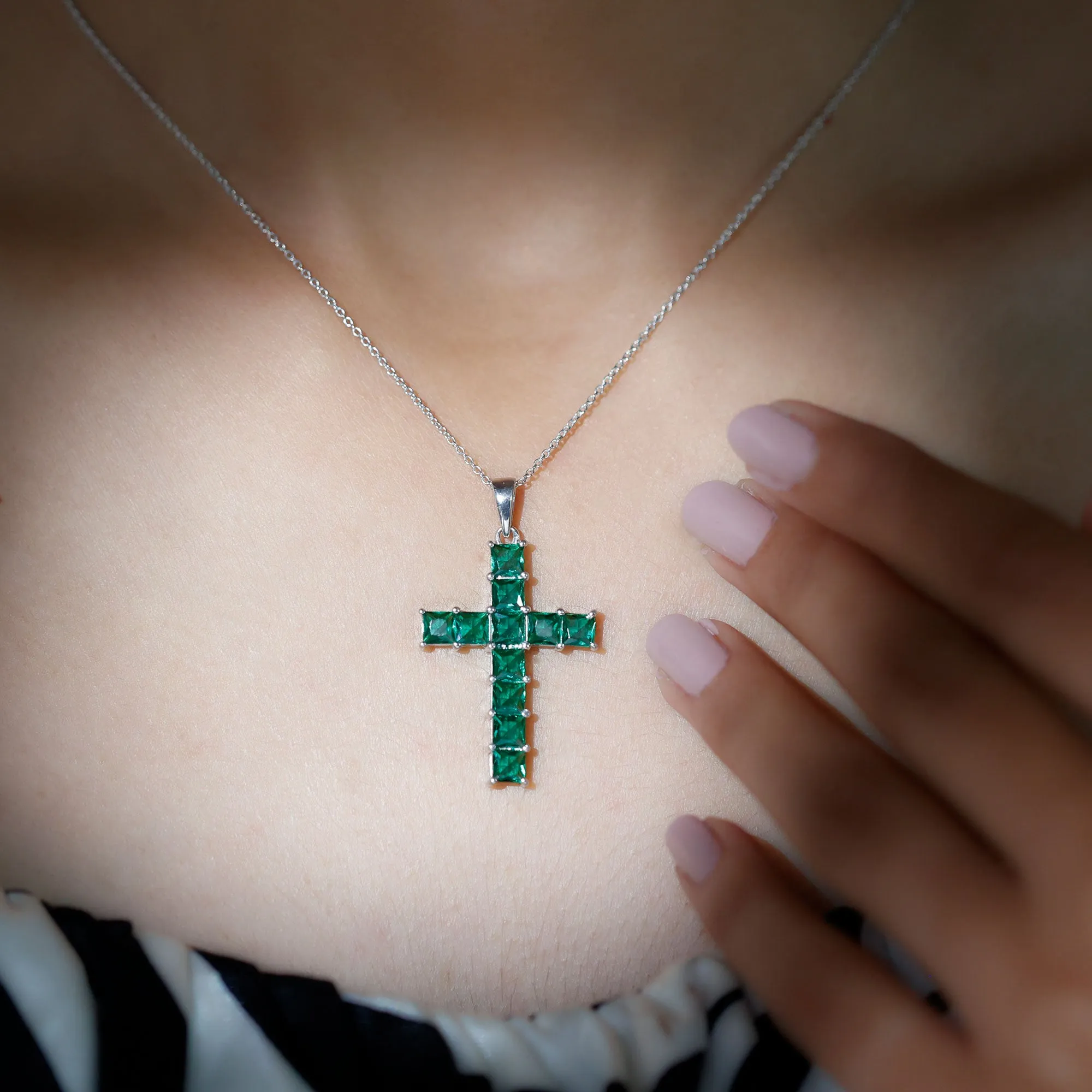 3.5 CT Lab Created Emerald Cross Pendant Necklace in Silver