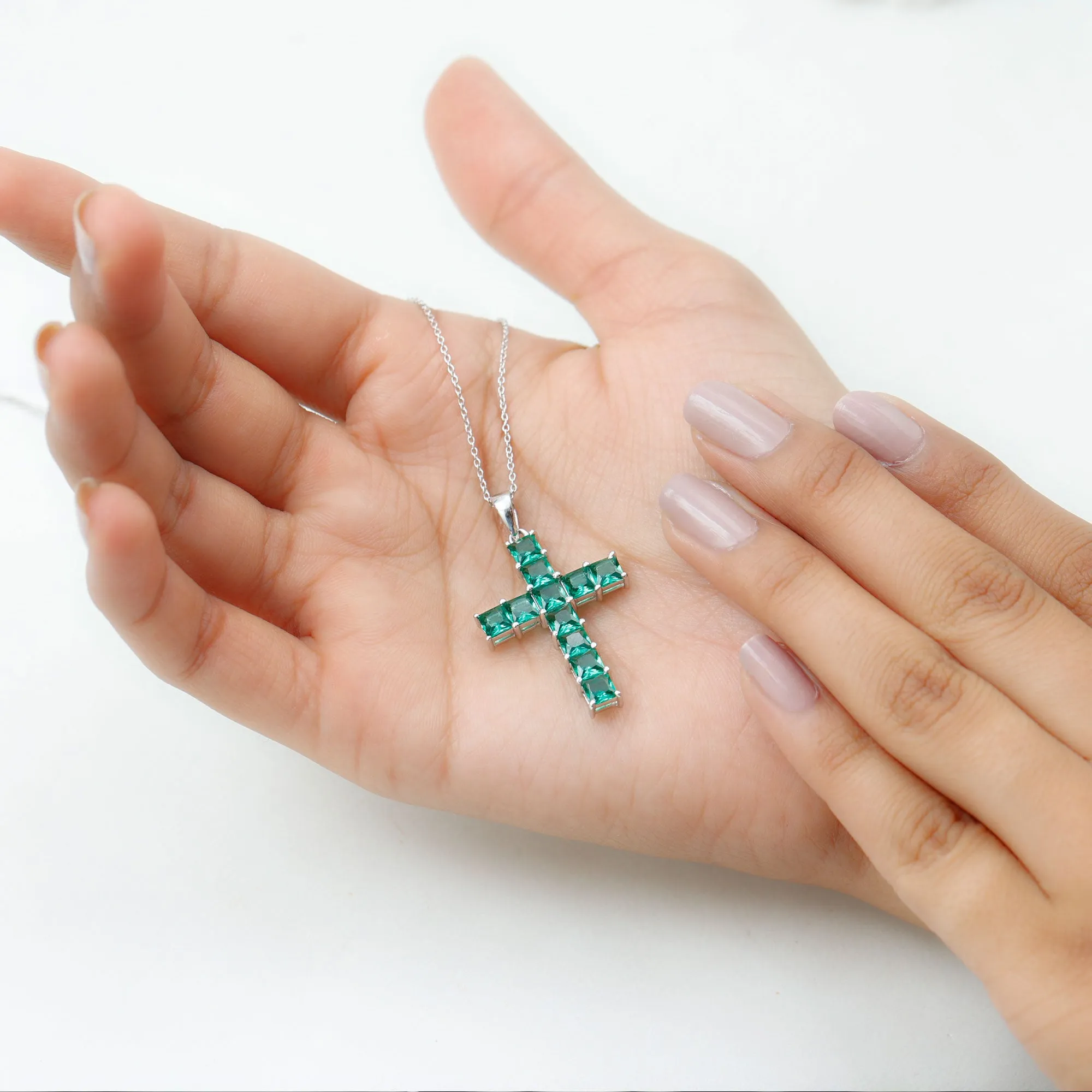 3.5 CT Lab Created Emerald Cross Pendant Necklace in Silver