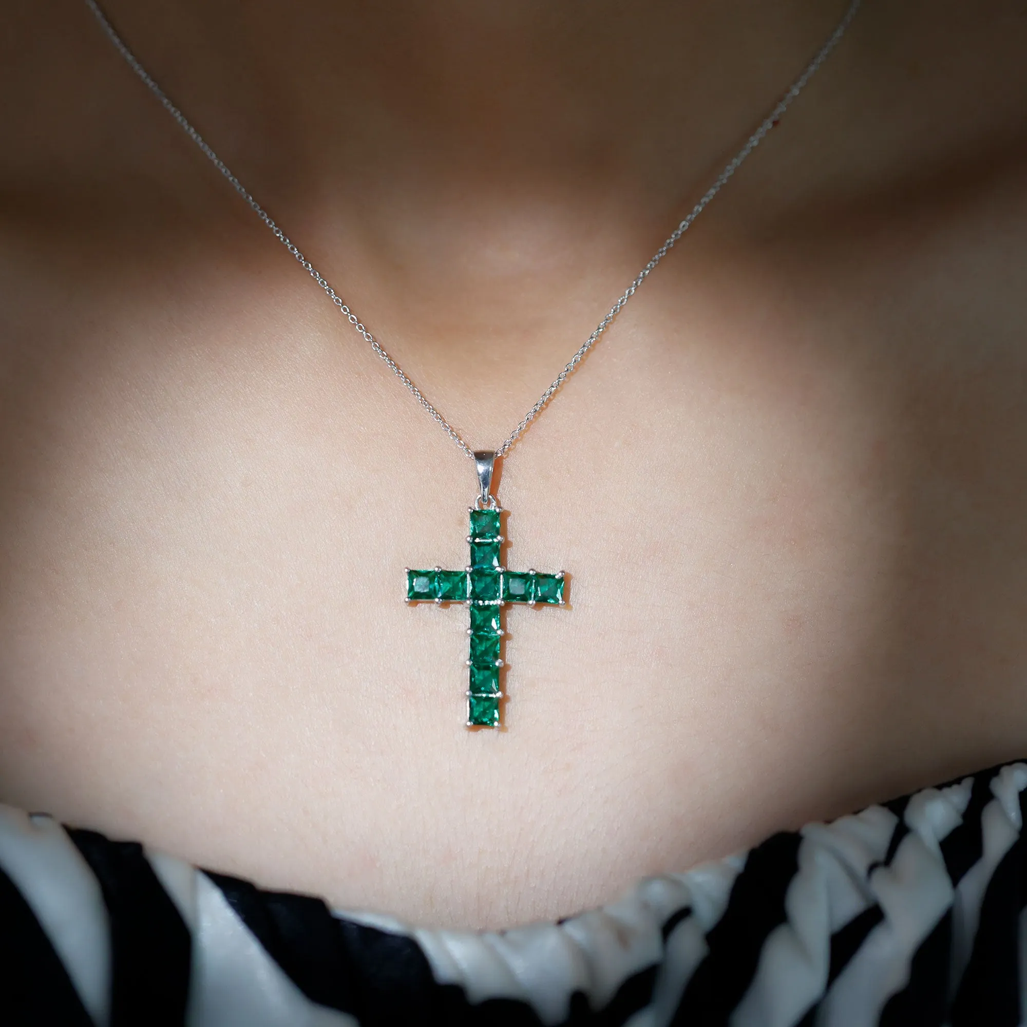 3.5 CT Lab Created Emerald Cross Pendant Necklace in Silver
