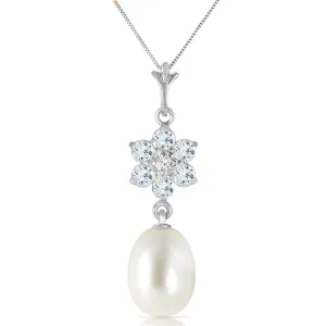 4.53 Carat 14K Solid White Gold Necklace Natural Pearl, Aquamarine Diamond