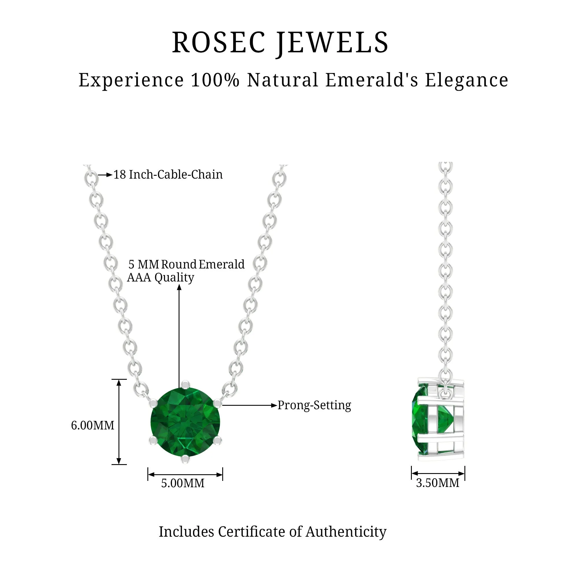5 MM Round Cut Solitaire Emerald Necklace in 6 Prong Setting