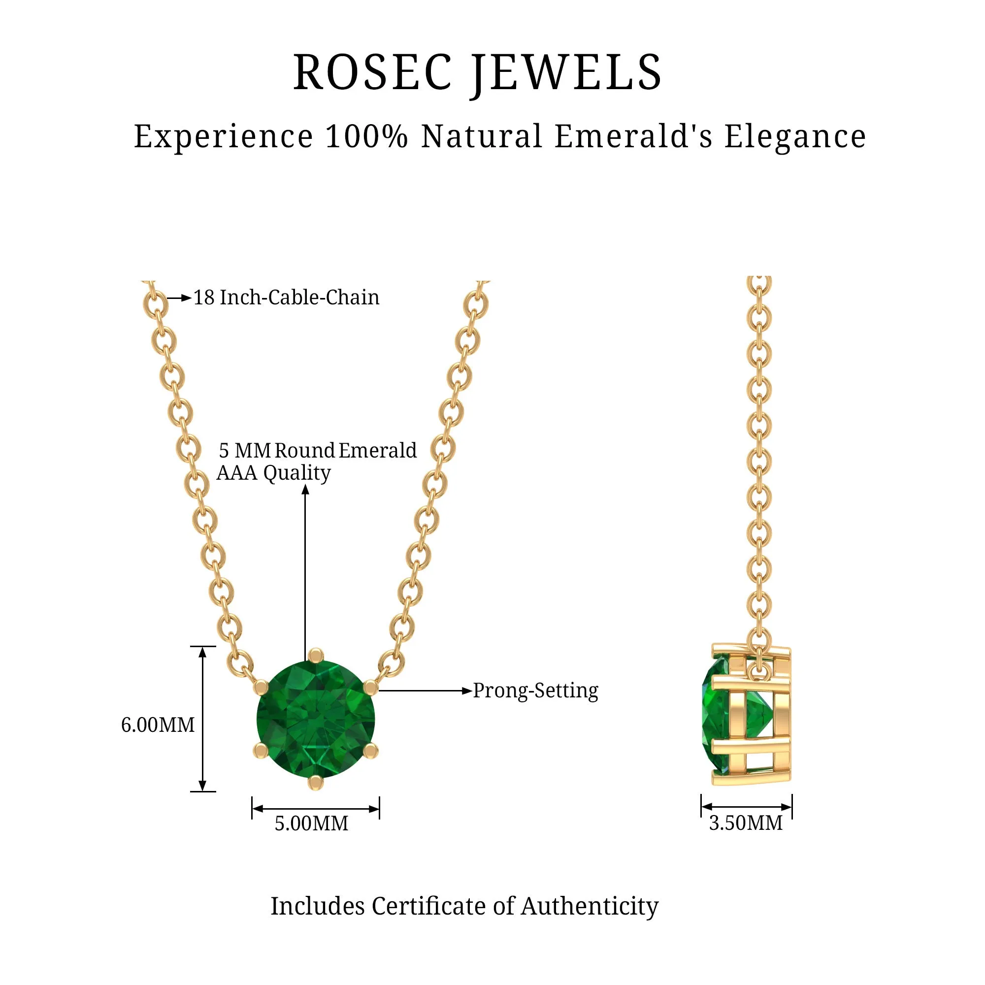 5 MM Round Cut Solitaire Emerald Necklace in 6 Prong Setting