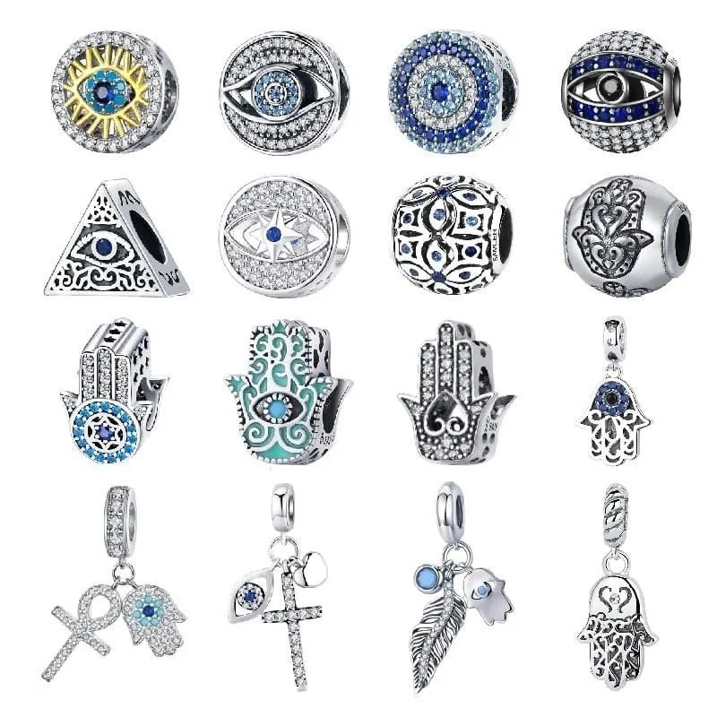 925 Sterling Silver Blue Crystals Hamsa & Jewish Charms Fit Pandora Original Bracelet Jewelry