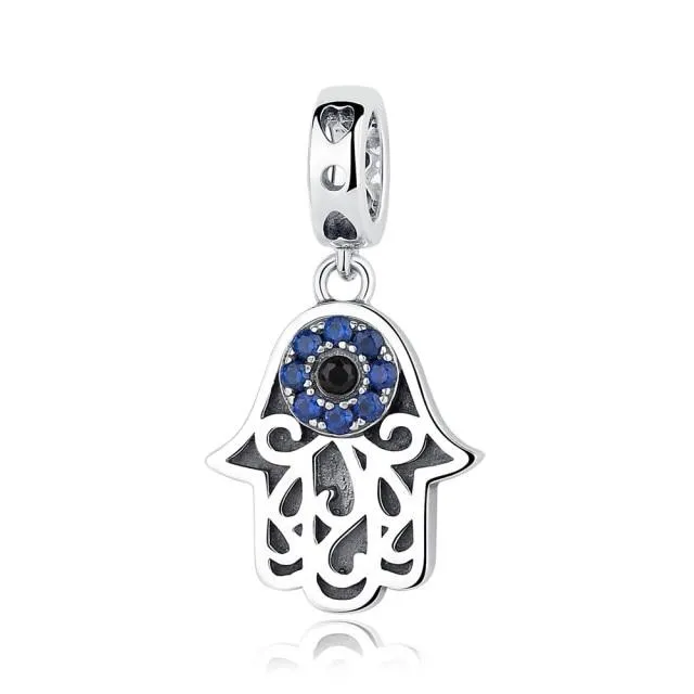 925 Sterling Silver Blue Crystals Hamsa & Jewish Charms Fit Pandora Original Bracelet Jewelry