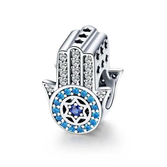 925 Sterling Silver Blue Crystals Hamsa & Jewish Charms Fit Pandora Original Bracelet Jewelry