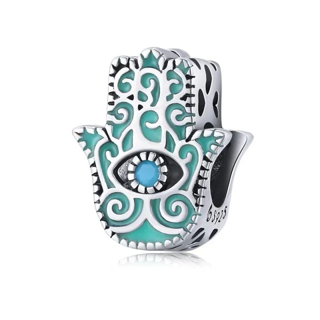 925 Sterling Silver Blue Crystals Hamsa & Jewish Charms Fit Pandora Original Bracelet Jewelry