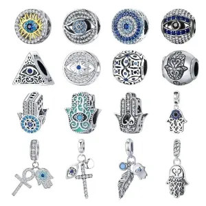 925 Sterling Silver Blue Crystals Hamsa & Jewish Charms Fit Pandora Original Bracelet Jewelry