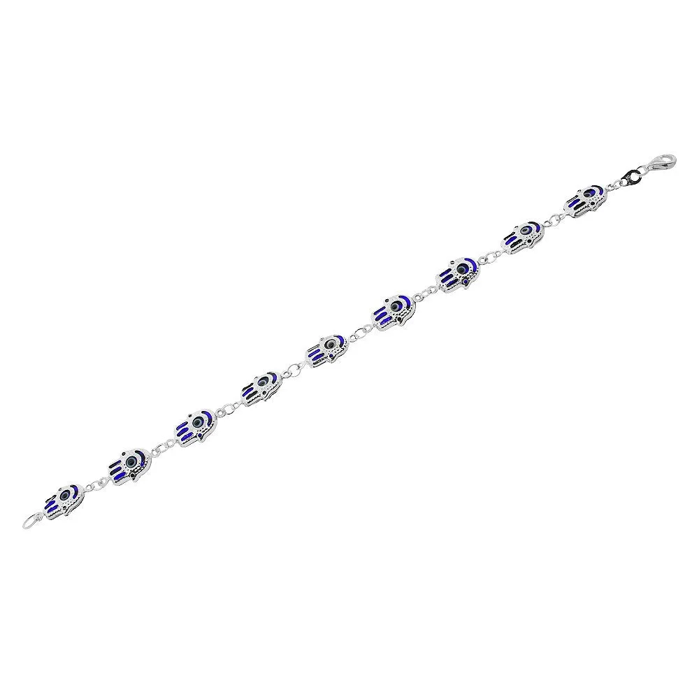 925 Sterling Silver Blue Hamsa Hand Good Luck Link Chain Bracelet