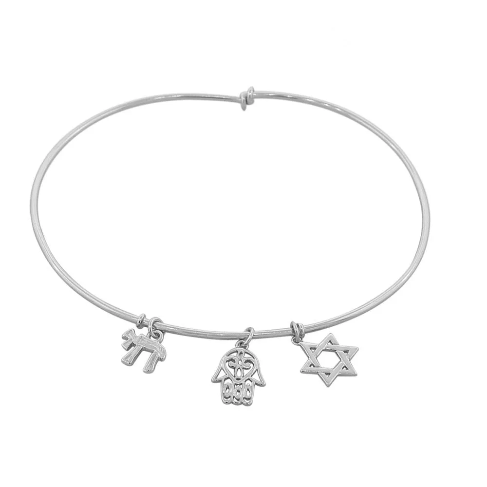 925 Sterling Silver Chai Hamsa Star of David Bangle Bracelet
