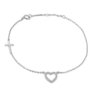 925 Sterling Silver Love Heart Cross Charm White Link Chain Bracelet