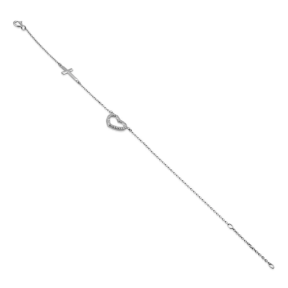 925 Sterling Silver Love Heart Cross Charm White Link Chain Bracelet