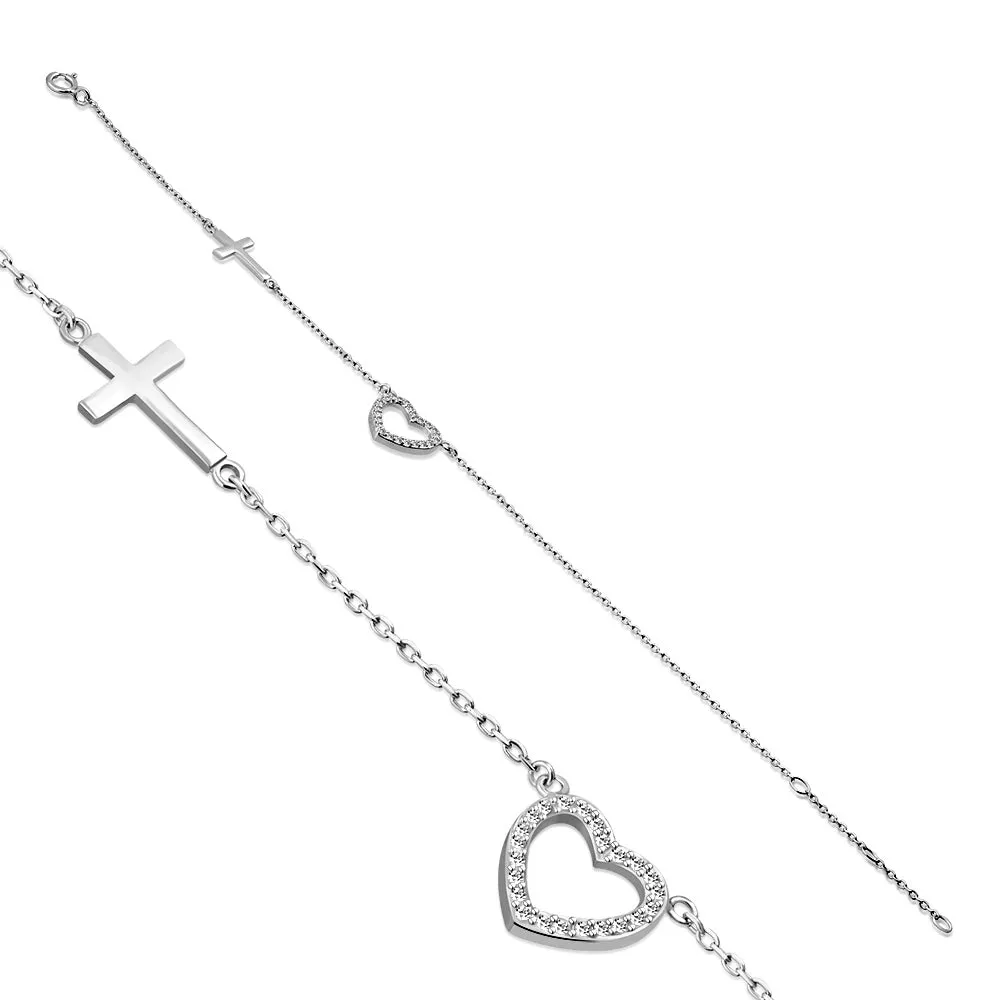 925 Sterling Silver Love Heart Cross Charm White Link Chain Bracelet