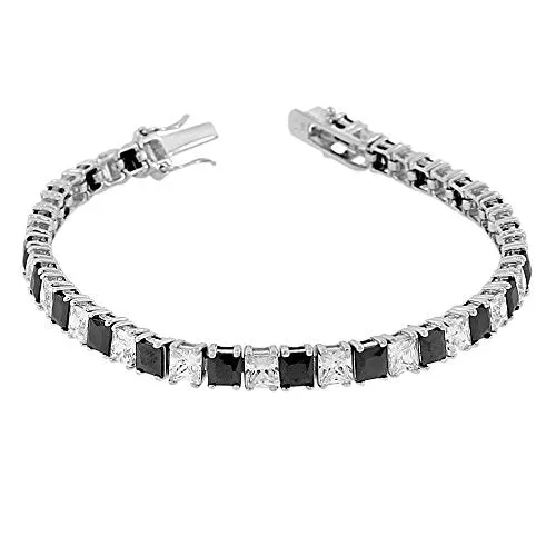 925 Sterling Silver Princess White Black CZ Classic Tennis Bracelet