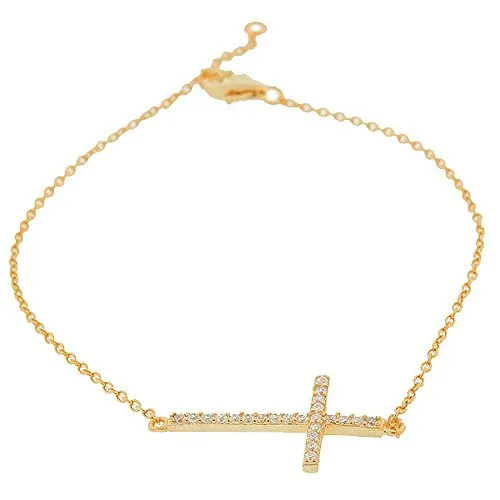 925 Sterling Silver Rose Gold-Tone White CZ Sideways Cross Link Chain Bracelet