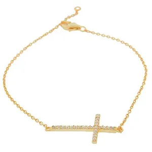 925 Sterling Silver Rose Gold-Tone White CZ Sideways Cross Link Chain Bracelet
