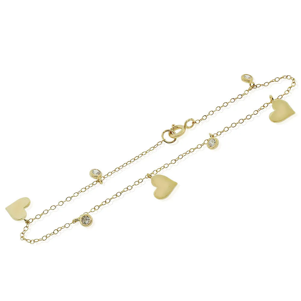 925 Sterling Silver Yellow Gold-Tone Love Heart White CZ Chain Bracelet, 7"