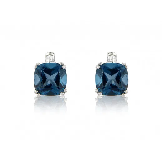 9ct White Gold Baguette Diamond & London Blue Topaz Earrings